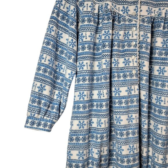 Lanz of Salzburg Fleece Robe Nightgown Blue Medium Pockets Snowflake Modest READ - Picture 3 of 10